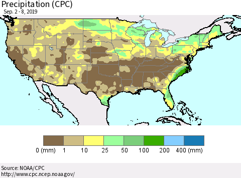 United States Precipitation (CPC) Thematic Map For 9/2/2019 - 9/8/2019