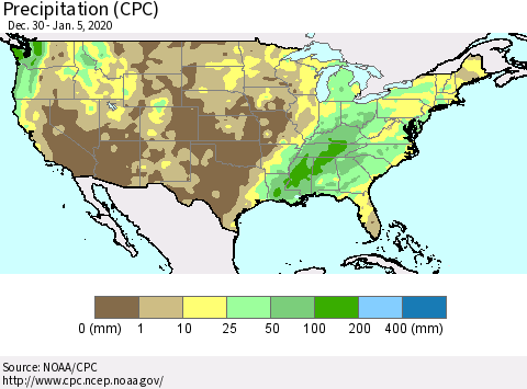 United States Precipitation (CPC) Thematic Map For 12/30/2019 - 1/5/2020