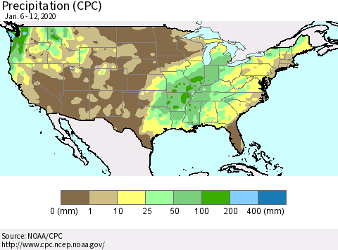 United States Precipitation (CPC) Thematic Map For 1/6/2020 - 1/12/2020