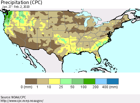 United States Precipitation (CPC) Thematic Map For 1/27/2020 - 2/2/2020