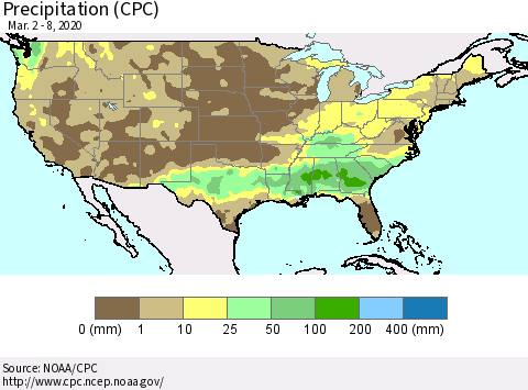 United States Precipitation (CPC) Thematic Map For 3/2/2020 - 3/8/2020