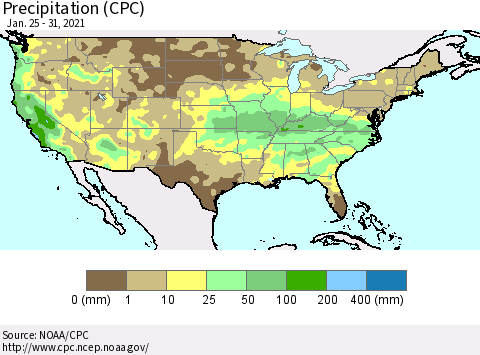 United States Precipitation (CPC) Thematic Map For 1/25/2021 - 1/31/2021