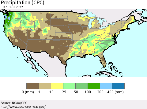 United States Precipitation (CPC) Thematic Map For 1/3/2022 - 1/9/2022