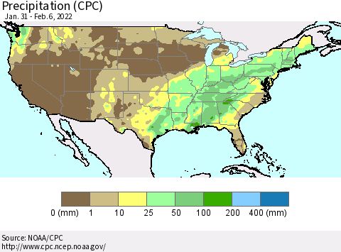 United States Precipitation (CPC) Thematic Map For 1/31/2022 - 2/6/2022