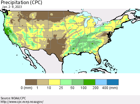 United States Precipitation (CPC) Thematic Map For 1/2/2023 - 1/8/2023