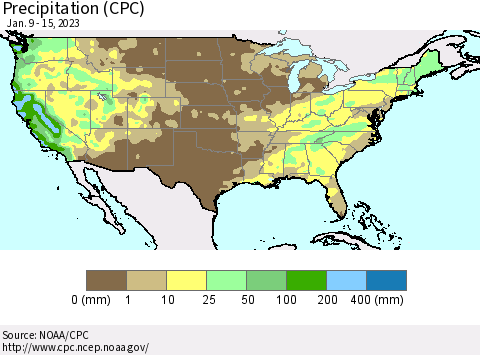 United States Precipitation (CPC) Thematic Map For 1/9/2023 - 1/15/2023