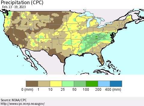 United States Precipitation (CPC) Thematic Map For 2/13/2023 - 2/19/2023