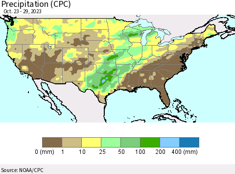 United States Precipitation (CPC) Thematic Map For 10/23/2023 - 10/29/2023