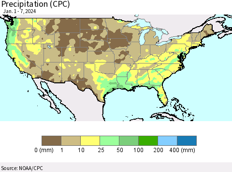 United States Precipitation (CPC) Thematic Map For 1/1/2024 - 1/7/2024