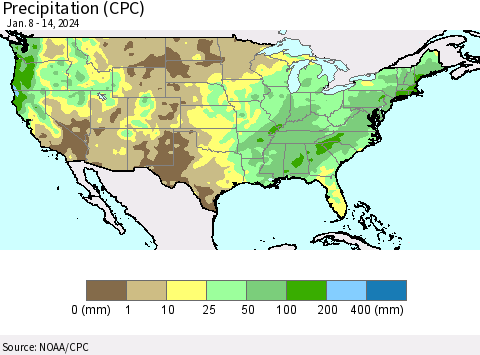 United States Precipitation (CPC) Thematic Map For 1/8/2024 - 1/14/2024