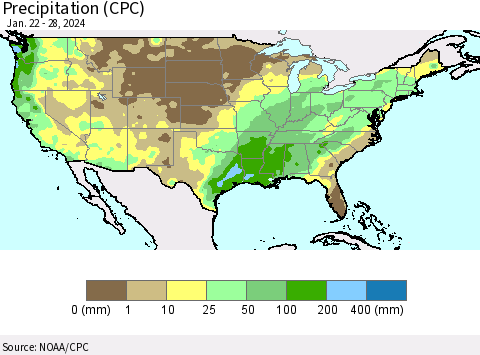 United States Precipitation (CPC) Thematic Map For 1/22/2024 - 1/28/2024