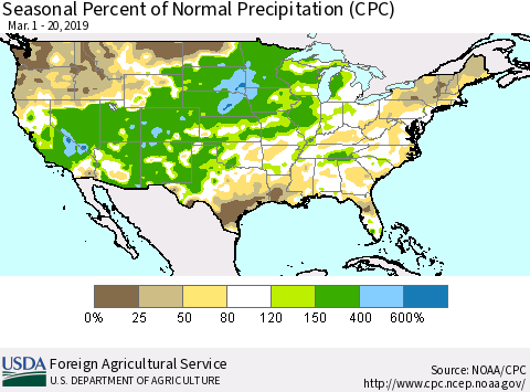 United States Seasonal Percent of Normal Precipitation (CPC) Thematic Map For 3/1/2019 - 3/20/2019