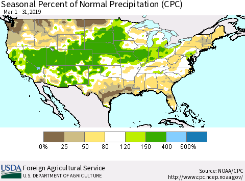 United States Seasonal Percent of Normal Precipitation (CPC) Thematic Map For 3/1/2019 - 3/31/2019