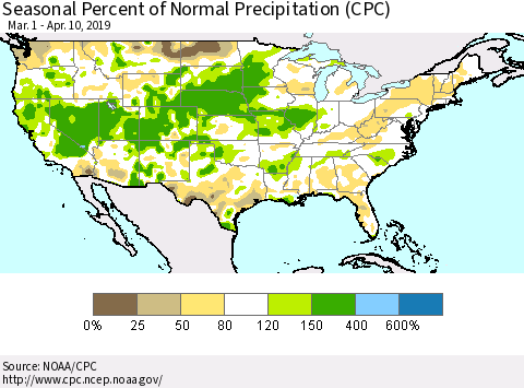 United States Seasonal Percent of Normal Precipitation (CPC) Thematic Map For 3/1/2019 - 4/10/2019