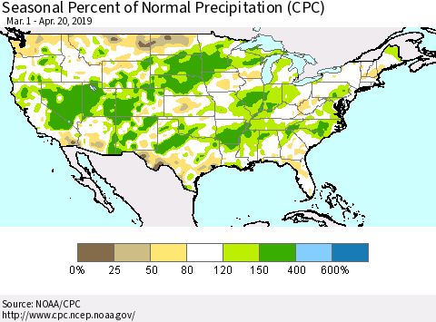 United States Seasonal Percent of Normal Precipitation (CPC) Thematic Map For 3/1/2019 - 4/20/2019