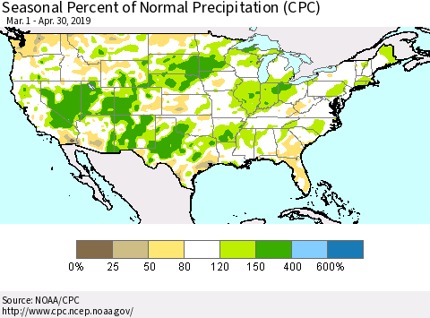 United States Seasonal Percent of Normal Precipitation (CPC) Thematic Map For 3/1/2019 - 4/30/2019
