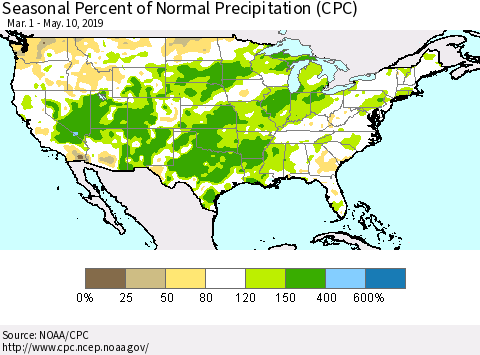 United States Seasonal Percent of Normal Precipitation (CPC) Thematic Map For 3/1/2019 - 5/10/2019