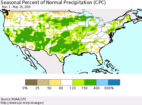 United States Seasonal Percent of Normal Precipitation (CPC) Thematic Map For 3/1/2019 - 5/20/2019