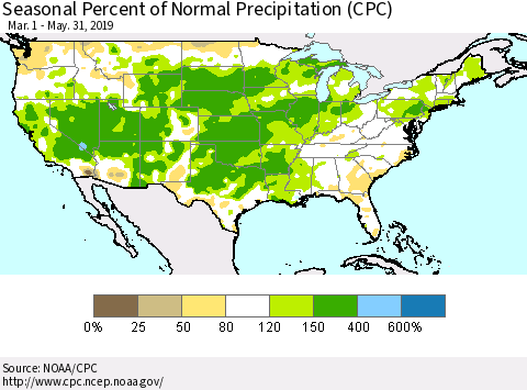 United States Seasonal Percent of Normal Precipitation (CPC) Thematic Map For 3/1/2019 - 5/31/2019