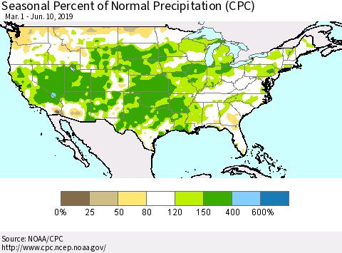 United States Seasonal Percent of Normal Precipitation (CPC) Thematic Map For 3/1/2019 - 6/10/2019
