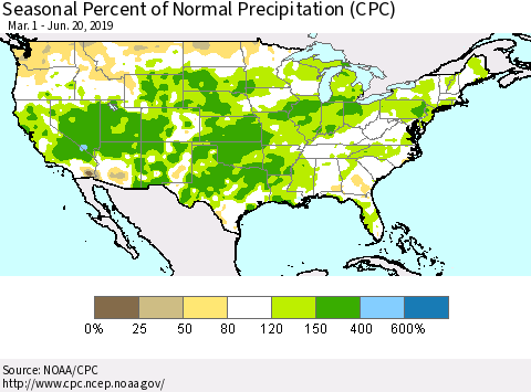 United States Seasonal Percent of Normal Precipitation (CPC) Thematic Map For 3/1/2019 - 6/20/2019