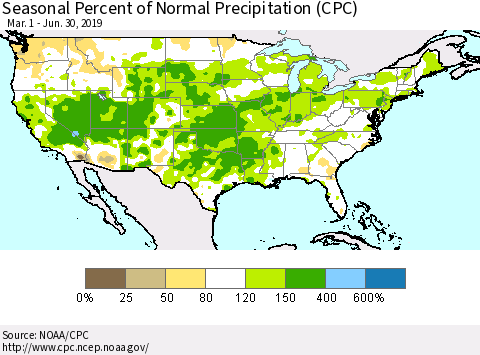 United States Seasonal Percent of Normal Precipitation (CPC) Thematic Map For 3/1/2019 - 6/30/2019