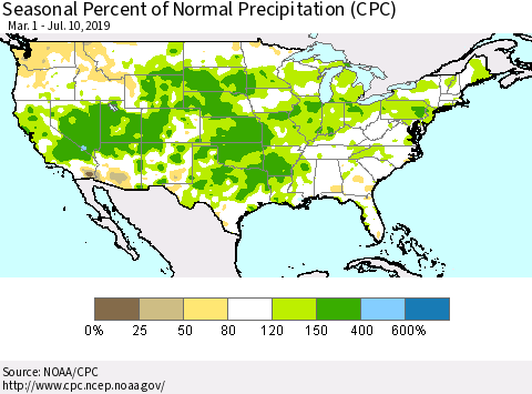 United States Seasonal Percent of Normal Precipitation (CPC) Thematic Map For 3/1/2019 - 7/10/2019