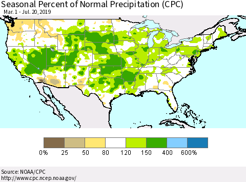 United States Seasonal Percent of Normal Precipitation (CPC) Thematic Map For 3/1/2019 - 7/20/2019