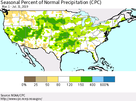United States Seasonal Percent of Normal Precipitation (CPC) Thematic Map For 3/1/2019 - 7/31/2019