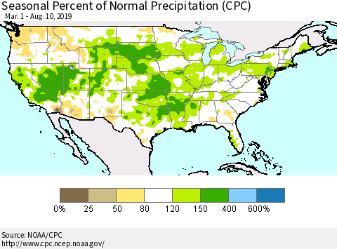United States Seasonal Percent of Normal Precipitation (CPC) Thematic Map For 3/1/2019 - 8/10/2019