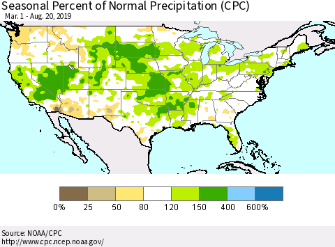 United States Seasonal Percent of Normal Precipitation (CPC) Thematic Map For 3/1/2019 - 8/20/2019
