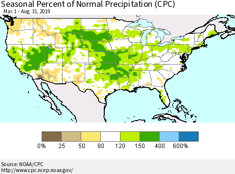 United States Seasonal Percent of Normal Precipitation (CPC) Thematic Map For 3/1/2019 - 8/31/2019