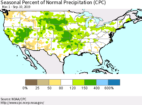 United States Seasonal Percent of Normal Precipitation (CPC) Thematic Map For 3/1/2019 - 9/10/2019