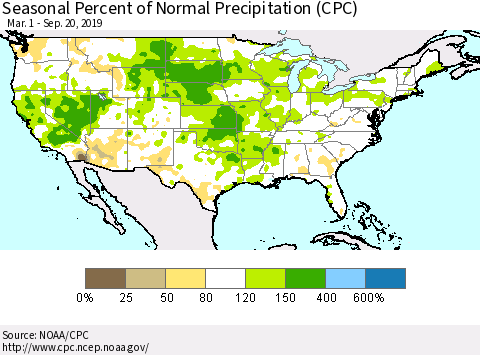 United States Seasonal Percent of Normal Precipitation (CPC) Thematic Map For 3/1/2019 - 9/20/2019