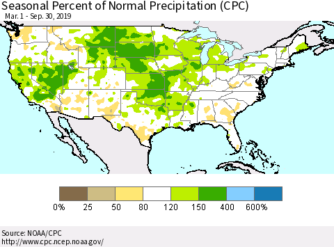 United States Seasonal Percent of Normal Precipitation (CPC) Thematic Map For 3/1/2019 - 9/30/2019