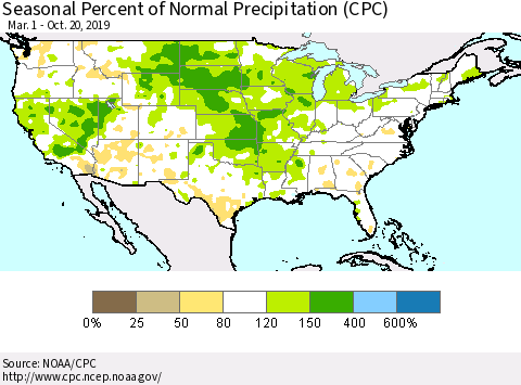 United States Seasonal Percent of Normal Precipitation (CPC) Thematic Map For 3/1/2019 - 10/20/2019