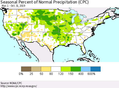 United States Seasonal Percent of Normal Precipitation (CPC) Thematic Map For 3/1/2019 - 10/31/2019
