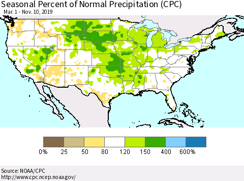 United States Seasonal Percent of Normal Precipitation (CPC) Thematic Map For 3/1/2019 - 11/10/2019