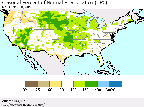 United States Seasonal Percent of Normal Precipitation (CPC) Thematic Map For 3/1/2019 - 11/30/2019