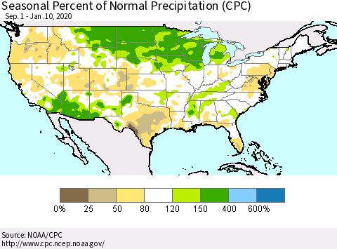 United States Seasonal Percent of Normal Precipitation (CPC) Thematic Map For 9/1/2019 - 1/10/2020