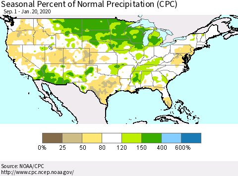 United States Seasonal Percent of Normal Precipitation (CPC) Thematic Map For 9/1/2019 - 1/20/2020
