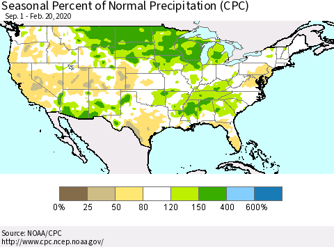United States Seasonal Percent of Normal Precipitation (CPC) Thematic Map For 9/1/2019 - 2/20/2020