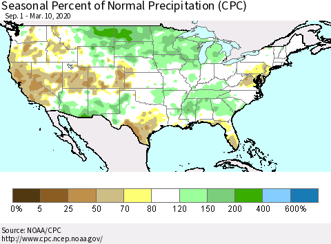 United States Seasonal Percent of Normal Precipitation (CPC) Thematic Map For 9/1/2019 - 3/10/2020