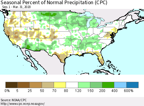 United States Seasonal Percent of Normal Precipitation (CPC) Thematic Map For 9/1/2019 - 3/31/2020