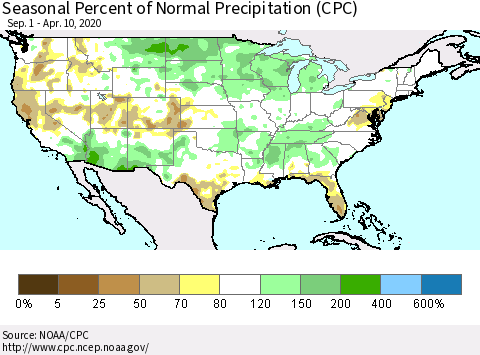 United States Seasonal Percent of Normal Precipitation (CPC) Thematic Map For 9/1/2019 - 4/10/2020