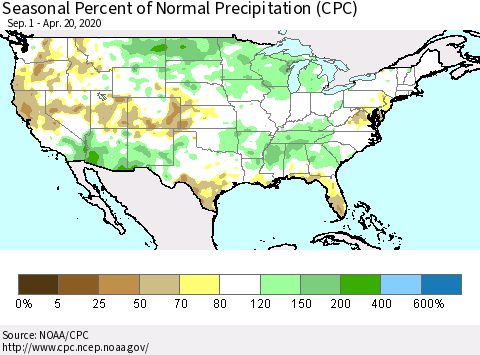 United States Seasonal Percent of Normal Precipitation (CPC) Thematic Map For 9/1/2019 - 4/20/2020