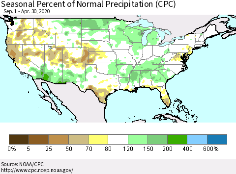 United States Seasonal Percent of Normal Precipitation (CPC) Thematic Map For 9/1/2019 - 4/30/2020