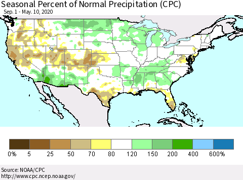 United States Seasonal Percent of Normal Precipitation (CPC) Thematic Map For 9/1/2019 - 5/10/2020