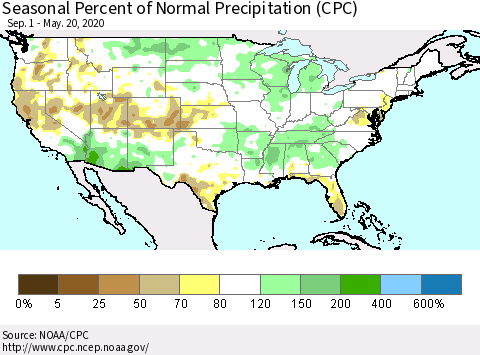 United States Seasonal Percent of Normal Precipitation (CPC) Thematic Map For 9/1/2019 - 5/20/2020