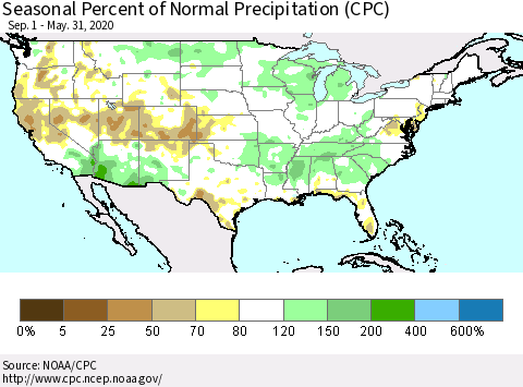 United States Seasonal Percent of Normal Precipitation (CPC) Thematic Map For 9/1/2019 - 5/31/2020